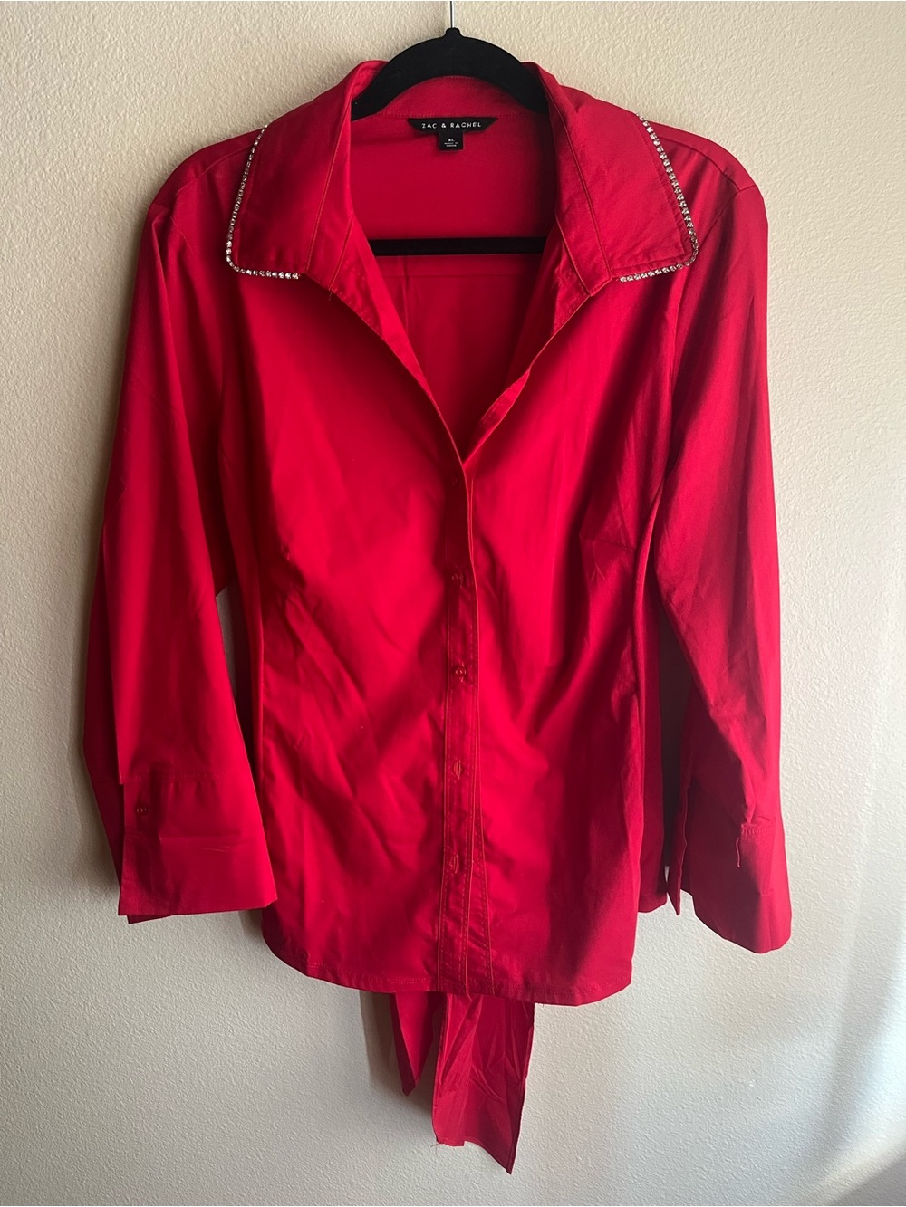 Zac & Rachel Bright Red Tie-Waist Button-Down Top with Rhinestone Collar